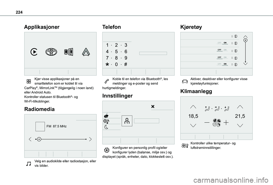 TOYOTA PROACE CITY VERSO 2021  Instruksjoner for bruk (in Norwegian) 224
Applikasjoner 
 
Kjør visse applikasjoner på en smarttelefon som er koblet til via CarPlay®, MirrorLinkTM (tilgjengelig i noen land) eller Android Auto.Kontroller statusen til Bluetooth®- og W