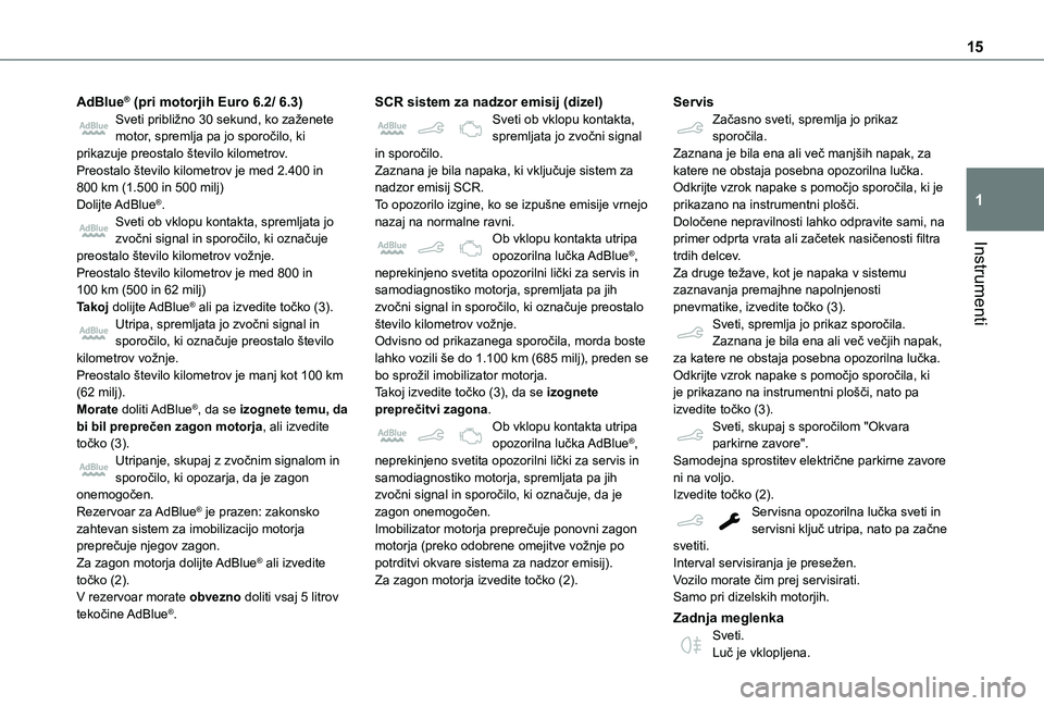 TOYOTA PROACE CITY VERSO 2021 Navodila Za Uporabo (in Slovenian) 15
Instrumenti
1
AdBlue® (pri motorjih Euro 6.2/ 6.3)Sveti približno 30 sekund, ko zaženete motor, spremlja pa jo sporočilo, ki prikazuje preostalo število kilometrov.Preostalo število kilometro TOYOTA PROACE CITY VERSO 2021 Navodila Za Uporabo (in Slovenian) 15
Instrumenti
1
AdBlue® (pri motorjih Euro 6.2/ 6.3)Sveti približno 30 sekund, ko zaženete motor, spremlja pa jo sporočilo, ki prikazuje preostalo število kilometrov.Preostalo število kilometro
