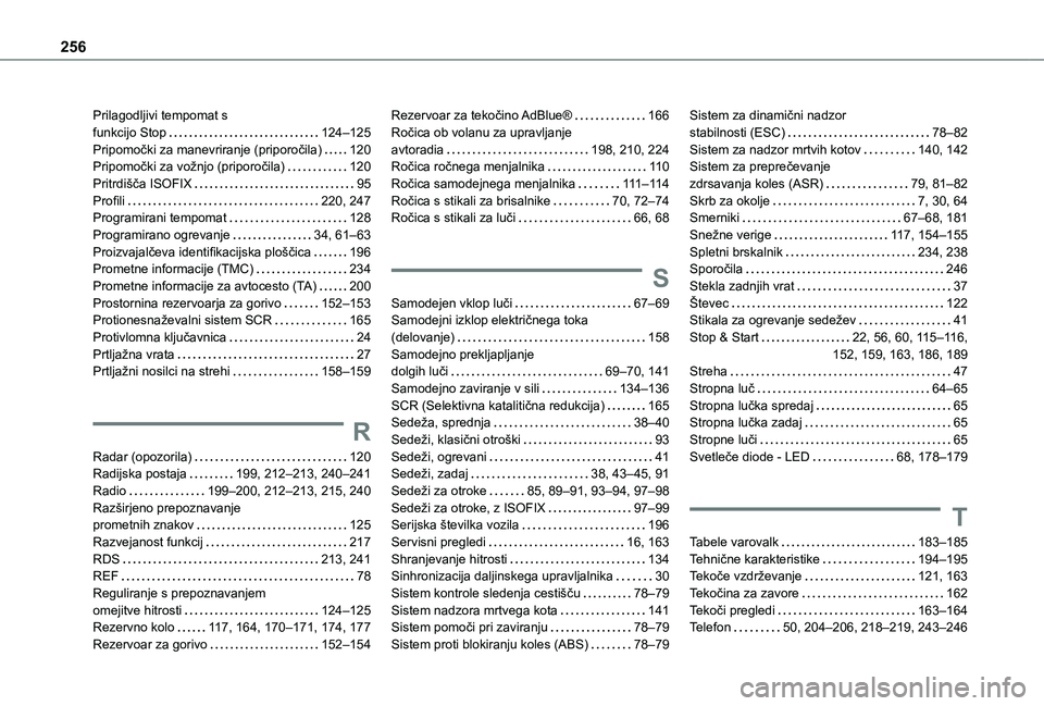 TOYOTA PROACE CITY VERSO 2021 Navodila Za Uporabo (in Slovenian) 256
Prilagodljivi tempomat s funkcijo Stop 124–125Pripomočki za manevriranje (priporočila) 120Pripomočki za vožnjo (priporočila) 120Pritrdišča ISOFIX 95Profili 220, 247Programirani TOYOTA PROACE CITY VERSO 2021 Navodila Za Uporabo (in Slovenian) 256
Prilagodljivi tempomat s funkcijo Stop 124–125Pripomočki za manevriranje (priporočila) 120Pripomočki za vožnjo (priporočila) 120Pritrdišča ISOFIX 95Profili 220, 247Programirani