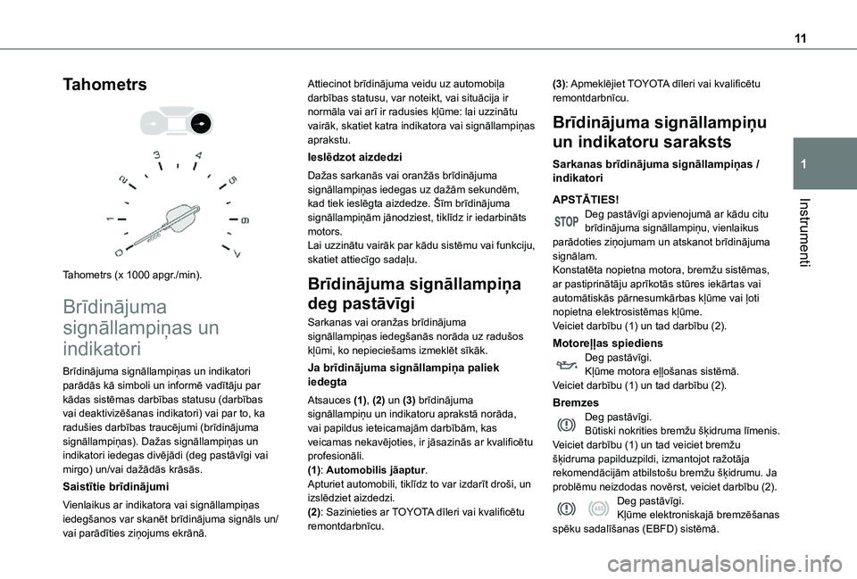 TOYOTA PROACE CITY VERSO 2021  Lietošanas Instrukcija (in Latvian) 11
Instrumenti
1
Tahometrs 
  
 
Tahometrs (x 1000 apgr./min).
Brīdinājuma 
signāllampiņas un 
indikatori
Brīdinājuma signāllampiņas un indikatori parādās kā simboli un informē vadītāju 