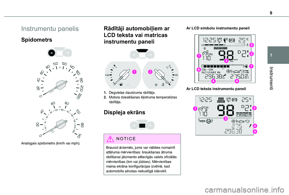 TOYOTA PROACE CITY VERSO 2021  Lietošanas Instrukcija (in Latvian) 9
Instrumenti
1
Instrumentu panelis
Spidometrs 
  
 
Analogais spidometrs (km/h vai mph).
Rādītāji automobiļiem ar 
LCD teksta vai matricas 
instrumentu paneli 
 
1.Degvielas daudzuma rādītājs.