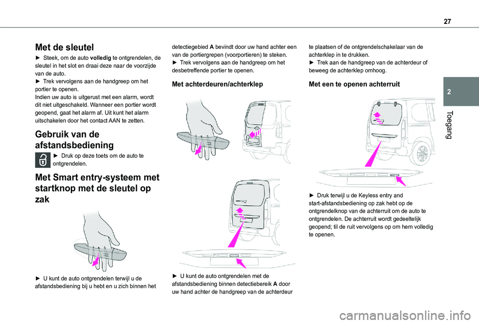 TOYOTA PROACE CITY VERSO 2021  Instructieboekje (in Dutch) 27
Toegang
2
Met de sleutel
► Steek, om de auto volledig te ontgrendelen, de sleutel in het slot en draai deze naar de voorzijde van de auto.► Trek vervolgens aan de handgreep om het portier te op