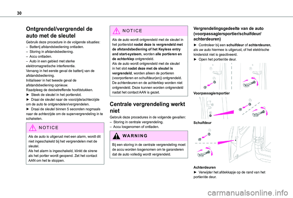 TOYOTA PROACE CITY VERSO 2021  Instructieboekje (in Dutch) 30
Ontgrendel/vergrendel de 
auto met de sleutel
Gebruik deze procedure in de volgende situaties:– Batterij afstandsbediening ontladen.– Storing in afstandsbediening.– Accu ontladen.– Auto in 