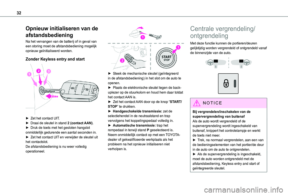 TOYOTA PROACE CITY VERSO 2021  Instructieboekje (in Dutch) 32
Opnieuw initialiseren van de 
afstandsbediening
Na het vervangen van de batterij of in geval van een storing moet de afstandsbediening mogelijk opnieuw geïnitialiseerd worden.
Zonder Keyless entry