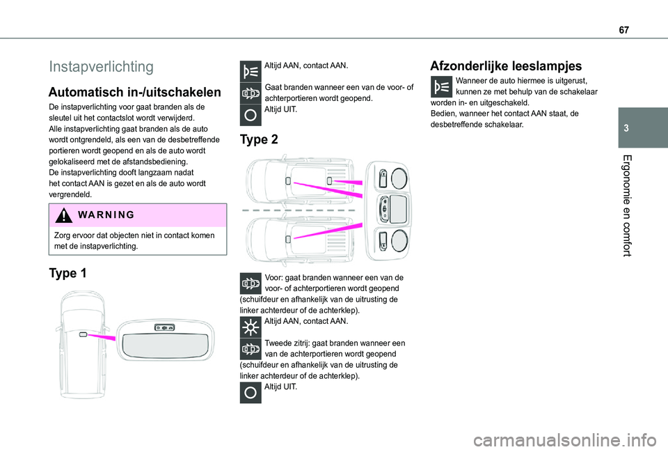TOYOTA PROACE CITY VERSO 2021 Instructieboekje (in Dutch) 67
Ergonomie en comfort
3
Instapverlichting
Automatisch in-/uitschakelen
De instapverlichting voor gaat branden als de sleutel uit het contactslot wordt verwijderd.Alle instapverlichting gaat branden TOYOTA PROACE CITY VERSO 2021 Instructieboekje (in Dutch) 67
Ergonomie en comfort
3
Instapverlichting
Automatisch in-/uitschakelen
De instapverlichting voor gaat branden als de sleutel uit het contactslot wordt verwijderd.Alle instapverlichting gaat branden