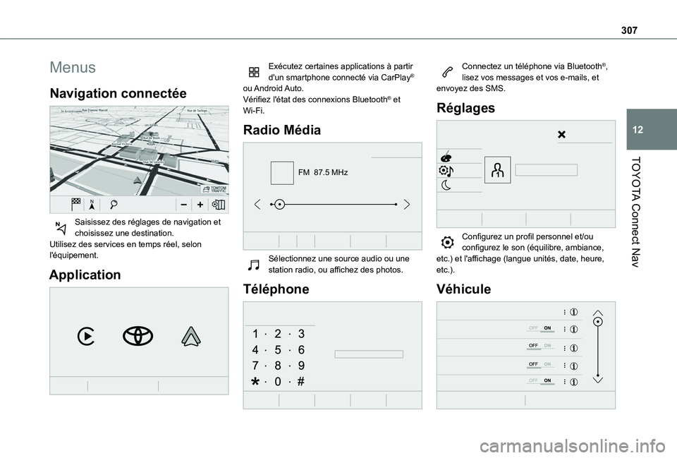 TOYOTA PROACE CITY VERSO EV 2021  Notices Demploi (in French) 307
TOYOTA Connect Nav
12
Menus
Navigation connectée 
 
Saisissez des réglages de navigation et choisissez une destination.Utilisez des services en temps réel, selon l'équipement.
Application 