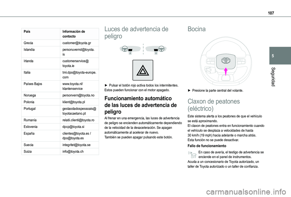 TOYOTA PROACE CITY VERSO EV 2021 Manuale de Empleo (in Spanish) 107
Seguridad
5
PaísInformación de contacto
Greciacustomer@toyota.gr
Islandiapersonuvernd@toyota.is
Irlandacustomerservice@toyota.ie
Italiatmi.dpo@toyota-europe.com
Países Bajoswww.toyota.nl/klante TOYOTA PROACE CITY VERSO EV 2021 Manuale de Empleo (in Spanish) 107
Seguridad
5
PaísInformación de contacto
Greciacustomer@toyota.gr
Islandiapersonuvernd@toyota.is
Irlandacustomerservice@toyota.ie
Italiatmi.dpo@toyota-europe.com
Países Bajoswww.toyota.nl/klante