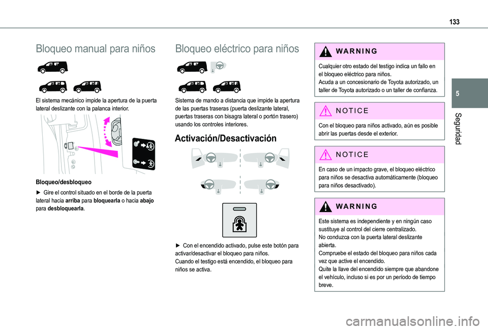 TOYOTA PROACE CITY VERSO EV 2021 Manuale de Empleo (in Spanish) 133
Seguridad
5
Bloqueo manual para niños
El sistema mecánico impide la apertura de la puerta lateral deslizante con la palanca interior.
Bloqueo/desbloqueo
► Gire el control situado en e TOYOTA PROACE CITY VERSO EV 2021 Manuale de Empleo (in Spanish) 133
Seguridad
5
Bloqueo manual para niños
El sistema mecánico impide la apertura de la puerta lateral deslizante con la palanca interior.
Bloqueo/desbloqueo
► Gire el control situado en e