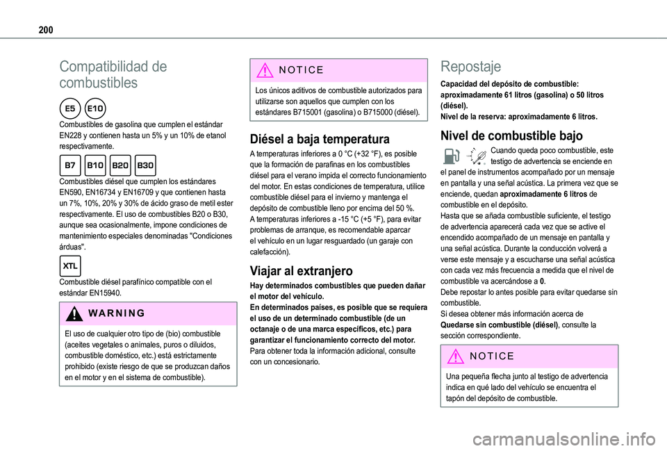 TOYOTA PROACE CITY VERSO EV 2021 Manuale de Empleo (in Spanish) 200
Compatibilidad de
combustibles
Combustibles de gasolina que cumplen el estándar EN228 y contienen hasta un 5% y un 10% de etanol respectivamente.
Combustibles diésel que cumplen los estánd TOYOTA PROACE CITY VERSO EV 2021 Manuale de Empleo (in Spanish) 200
Compatibilidad de
combustibles
Combustibles de gasolina que cumplen el estándar EN228 y contienen hasta un 5% y un 10% de etanol respectivamente.
Combustibles diésel que cumplen los estánd