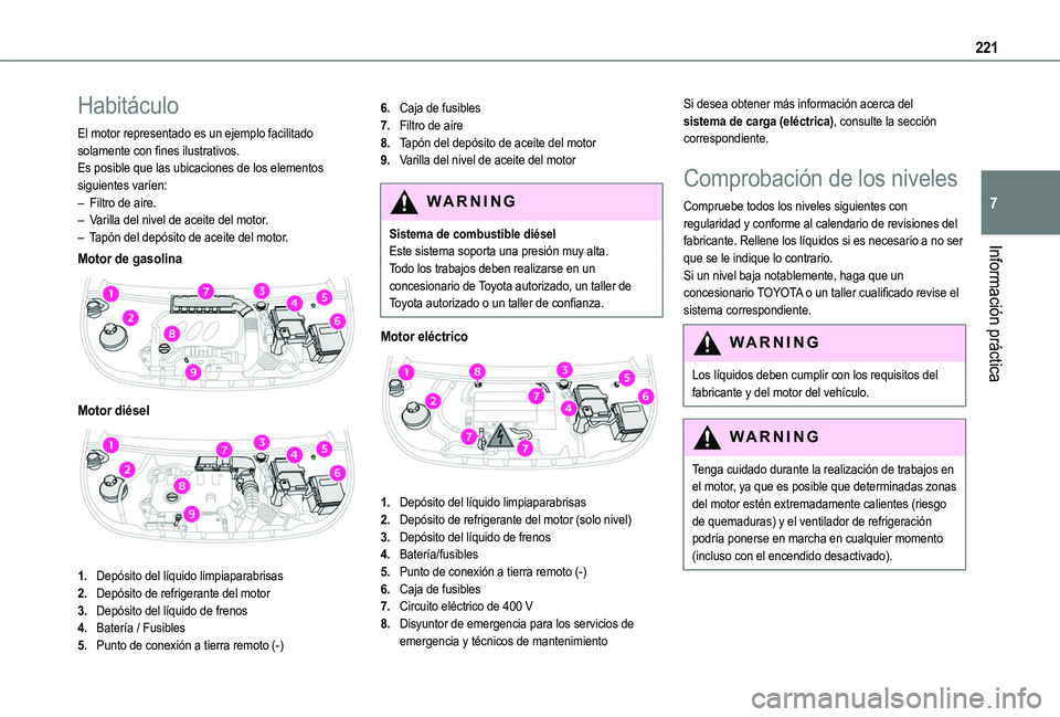 TOYOTA PROACE CITY VERSO EV 2021 Manuale de Empleo (in Spanish) 221
Información práctica
7
Habitáculo
El motor representado es un ejemplo facilitado solamente con fines ilustrativos.Es posible que las ubicaciones de los elementos siguientes varíen:– Filtro d TOYOTA PROACE CITY VERSO EV 2021 Manuale de Empleo (in Spanish) 221
Información práctica
7
Habitáculo
El motor representado es un ejemplo facilitado solamente con fines ilustrativos.Es posible que las ubicaciones de los elementos siguientes varíen:– Filtro d