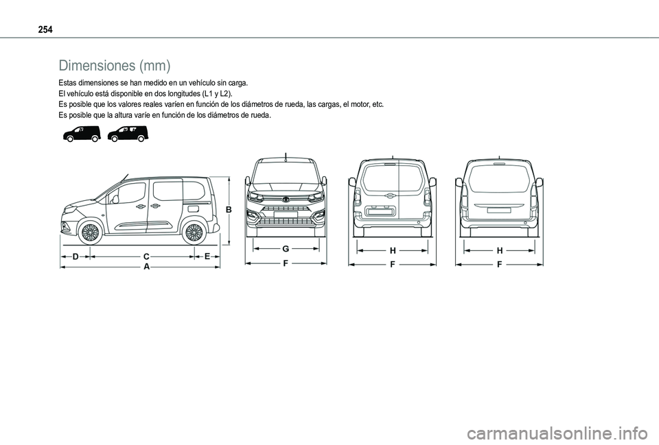 TOYOTA PROACE CITY VERSO EV 2021  Manuale de Empleo (in Spanish) 254
Dimensiones (mm)
Estas dimensiones se han medido en un vehículo sin carga.El vehículo está disponible en dos longitudes (L1 y L2).Es posible que los valores reales varíen en función de los di