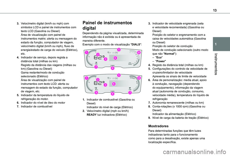 TOYOTA PROACE CITY VERSO EV 2021  Manual de utilização (in Portuguese) 13
Instrumentos
1
3.Velocímetro digital (km/h ou mph) com símbolos LCD e painel de instrumentos com texto LCD (Gasolina ou Diesel)Área de visualização com painel de instrumentos matrix: alerta ou