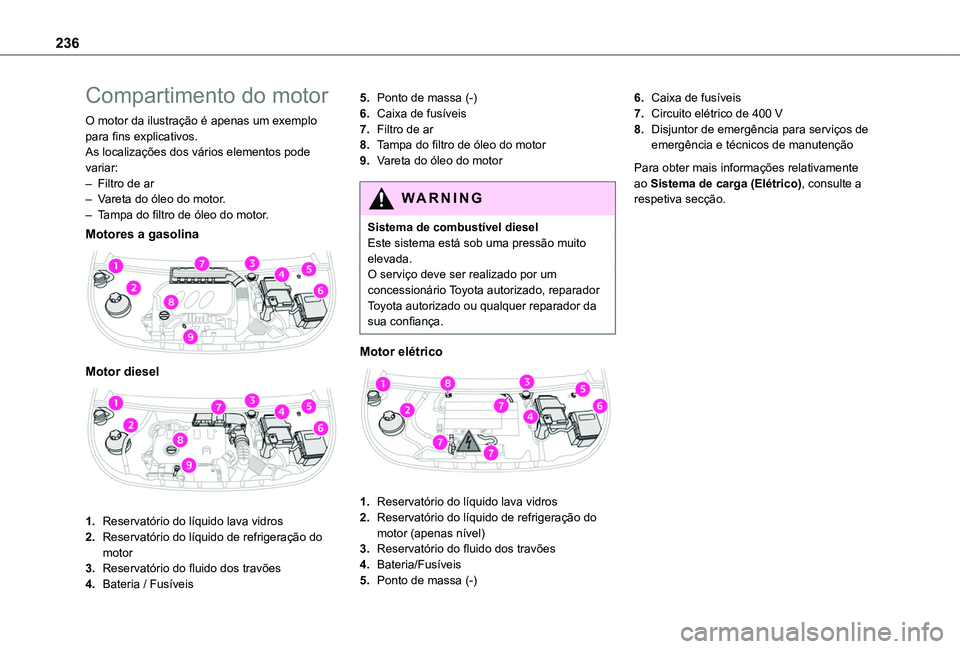 TOYOTA PROACE CITY VERSO EV 2021  Manual de utilização (in Portuguese) 236
Compartimento do motor
O motor da ilustração é apenas um exemplo para fins explicativos.As localizações dos vários elementos pode variar:– Filtro de ar– Vareta do óleo do motor.– Tamp