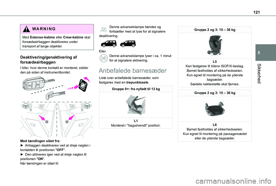 TOYOTA PROACE CITY VERSO EV 2021 Brugsanvisning (in Danish) 121
Sikkerhed
5
WARNI NG
Med Extenso-kabine eller Crew-kabine skal forsædeairbaggen deaktiveres under transport af lange objekter.
Deaktivering/genaktivering af
forsædeairbaggen
I biler, hvor denne TOYOTA PROACE CITY VERSO EV 2021 Brugsanvisning (in Danish) 121
Sikkerhed
5
WARNI NG
Med Extenso-kabine eller Crew-kabine skal forsædeairbaggen deaktiveres under transport af lange objekter.
Deaktivering/genaktivering af
forsædeairbaggen
I biler, hvor denne