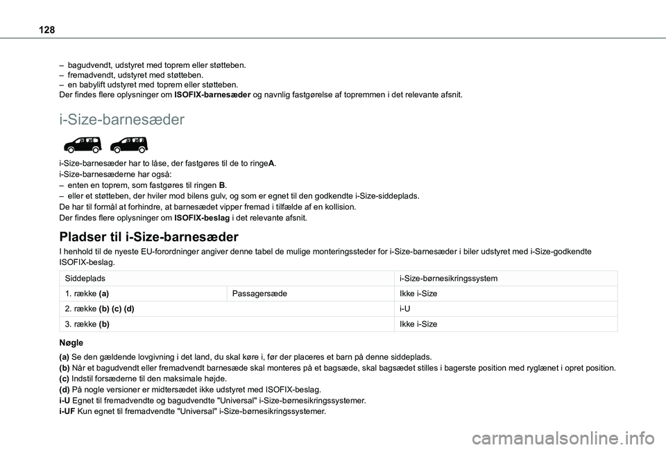 TOYOTA PROACE CITY VERSO EV 2021 Brugsanvisning (in Danish) 128
– bagudvendt, udstyret med toprem eller støtteben.– fremadvendt, udstyret med støtteben.– en babylift udstyret med toprem eller støtteben.Der findes flere oplysninger om ISOFIX-barnesæde TOYOTA PROACE CITY VERSO EV 2021 Brugsanvisning (in Danish) 128
– bagudvendt, udstyret med toprem eller støtteben.– fremadvendt, udstyret med støtteben.– en babylift udstyret med toprem eller støtteben.Der findes flere oplysninger om ISOFIX-barnesæde