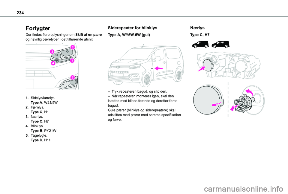 TOYOTA PROACE CITY VERSO EV 2021  Brugsanvisning (in Danish) 234
Forlygter
Der findes flere oplysninger om Skift af en pære og navnlig pæretyper i det tilhørende afsnit. 
 
1.Sidelys/kørelys.Type A, W21/5W
2.Fjernlys.Type C, H1
3.Nærlys.Type C, H7
4.Blinkl