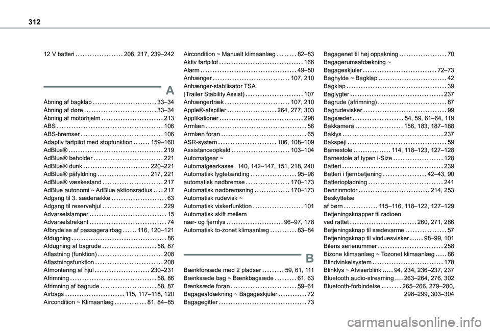 TOYOTA PROACE CITY VERSO EV 2021 Brugsanvisning (in Danish) 312
12 V batteri 208, 217, 239–242
A
Åbning af bagklap 33–34Åbning af døre 33–34Åbning af motorhjelm 213ABS 106ABS-bremser 106Adaptiv fartpilot med stopfunktion 159–160AdBlue TOYOTA PROACE CITY VERSO EV 2021 Brugsanvisning (in Danish) 312
12 V batteri 208, 217, 239–242
A
Åbning af bagklap 33–34Åbning af døre 33–34Åbning af motorhjelm 213ABS 106ABS-bremser 106Adaptiv fartpilot med stopfunktion 159–160AdBlue