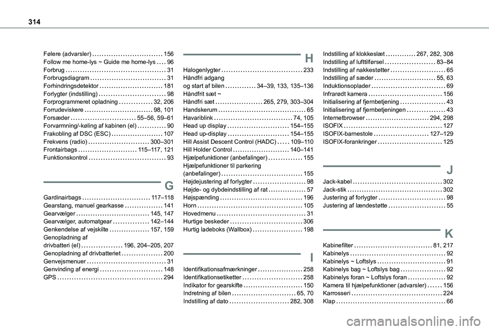 TOYOTA PROACE CITY VERSO EV 2021 Brugsanvisning (in Danish) 314
Følere (advarsler) 156Follow me home-lys ~ Guide me home-lys 96Forbrug 31Forbrugsdiagram 31Forhindringsdetektor 181Forlygter (indstilling) 98Forprogrammeret opladning 32, 206Forrude TOYOTA PROACE CITY VERSO EV 2021 Brugsanvisning (in Danish) 314
Følere (advarsler) 156Follow me home-lys ~ Guide me home-lys 96Forbrug 31Forbrugsdiagram 31Forhindringsdetektor 181Forlygter (indstilling) 98Forprogrammeret opladning 32, 206Forrude