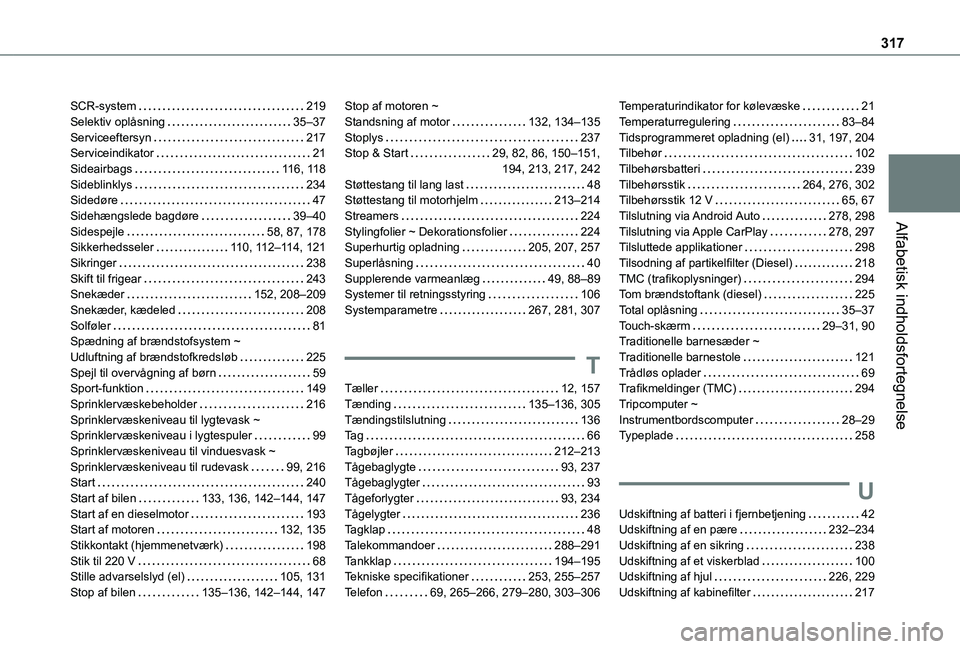 TOYOTA PROACE CITY VERSO EV 2021 Brugsanvisning (in Danish) 317
Alfabetisk indholdsfortegnelse
SCR-system 219Selektiv oplåsning 35–37Serviceeftersyn 217Serviceindikator 21Sideairbags 11 6, 11 8Sideblinklys 234Sidedøre 47Sidehængslede bagdør TOYOTA PROACE CITY VERSO EV 2021 Brugsanvisning (in Danish) 317
Alfabetisk indholdsfortegnelse
SCR-system 219Selektiv oplåsning 35–37Serviceeftersyn 217Serviceindikator 21Sideairbags 11 6, 11 8Sideblinklys 234Sidedøre 47Sidehængslede bagdør