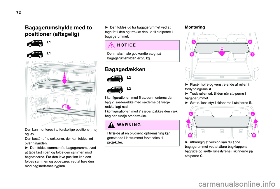TOYOTA PROACE CITY VERSO EV 2021 Brugsanvisning (in Danish) 72
Bagagerumshylde med to
positioner (aftagelig)
L1
L1
Den kan monteres i to forskellige positioner: høj og lav.Den består af to sektioner, der kan foldes ind over hinanden.► Den foldes samme TOYOTA PROACE CITY VERSO EV 2021 Brugsanvisning (in Danish) 72
Bagagerumshylde med to
positioner (aftagelig)
L1
L1
Den kan monteres i to forskellige positioner: høj og lav.Den består af to sektioner, der kan foldes ind over hinanden.► Den foldes samme