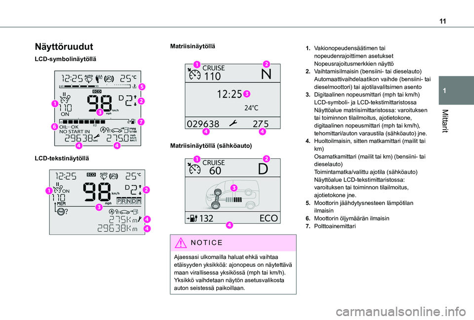 TOYOTA PROACE CITY VERSO EV 2021 Omistajan Käsikirja (in Finnish) 11
Mittarit
1
Näyttöruudut
LCD-symbolinäytöllä
LCD-tekstinäytöllä
Matriisinäytöllä
Matriisinäytöllä (sähköauto)
NOTIC E
Ajaessasi ulkomailla haluat ehkä vaihtaa etäisyyde TOYOTA PROACE CITY VERSO EV 2021 Omistajan Käsikirja (in Finnish) 11
Mittarit
1
Näyttöruudut
LCD-symbolinäytöllä
LCD-tekstinäytöllä
Matriisinäytöllä
Matriisinäytöllä (sähköauto)
NOTIC E
Ajaessasi ulkomailla haluat ehkä vaihtaa etäisyyde