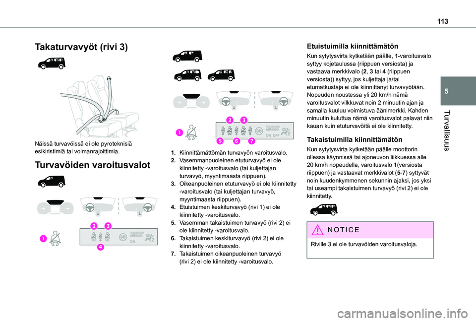 TOYOTA PROACE CITY VERSO EV 2021 Omistajan Käsikirja (in Finnish) 11 3
Turvallisuus
5
Takaturvavyöt (rivi 3)
Näissä turvavöissä ei ole pyroteknisiä esikiristimiä tai voimanrajoittimia.
Turvavöiden varoitusvalot
1.Kiinnittämättömän t TOYOTA PROACE CITY VERSO EV 2021 Omistajan Käsikirja (in Finnish) 11 3
Turvallisuus
5
Takaturvavyöt (rivi 3)
Näissä turvavöissä ei ole pyroteknisiä esikiristimiä tai voimanrajoittimia.
Turvavöiden varoitusvalot
1.Kiinnittämättömän t