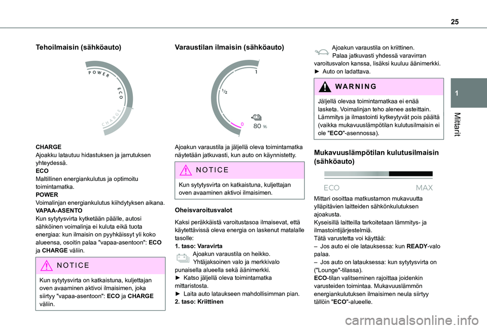 TOYOTA PROACE CITY VERSO EV 2021  Omistajan Käsikirja (in Finnish) 25
Mittarit
1
Tehoilmaisin (sähköauto) 
 
CHARGEAjoakku latautuu hidastuksen ja jarrutuksen yhteydessä.ECOMaltillinen energiankulutus ja optimoitu toimintamatka.POWERVoimalinjan energiankulutus kii
