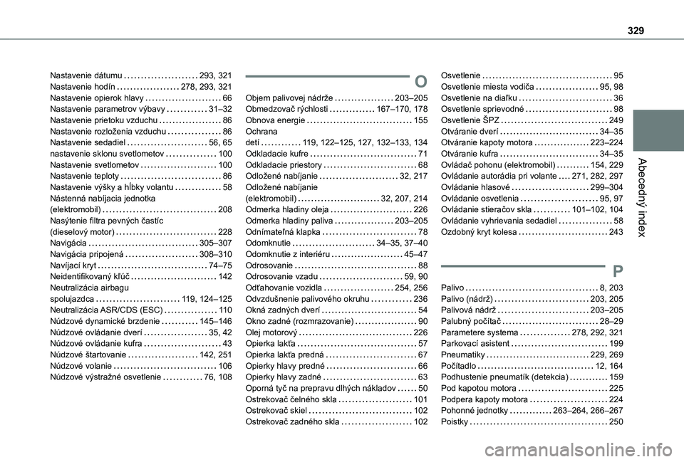 TOYOTA PROACE CITY VERSO EV 2021 Návod na použitie (in Slovakian) 329
Abecedný index
Nastavenie dátumu 293, 321Nastavenie hodín 278, 293, 321Nastavenie opierok hlavy 66Nastavenie parametrov výbavy 31–32Nastavenie prietoku vzduchu 86Nastavenie rozlož TOYOTA PROACE CITY VERSO EV 2021 Návod na použitie (in Slovakian) 329
Abecedný index
Nastavenie dátumu 293, 321Nastavenie hodín 278, 293, 321Nastavenie opierok hlavy 66Nastavenie parametrov výbavy 31–32Nastavenie prietoku vzduchu 86Nastavenie rozlož