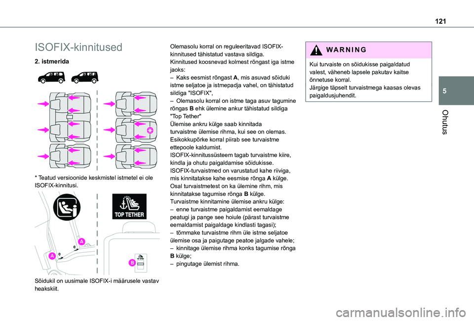 TOYOTA PROACE CITY VERSO EV 2021  Kasutusjuhend (in Estonian) 121
Ohutus
5
ISOFIX-kinnitused
2. istmerida 
  
 
* Teatud versioonide keskmistel istmetel ei ole ISOFIX-kinnitusi. 
 
Sõidukil on uusimale ISOFIX-i määrusele vastav heakskiit.
Olemasolu korral on 
