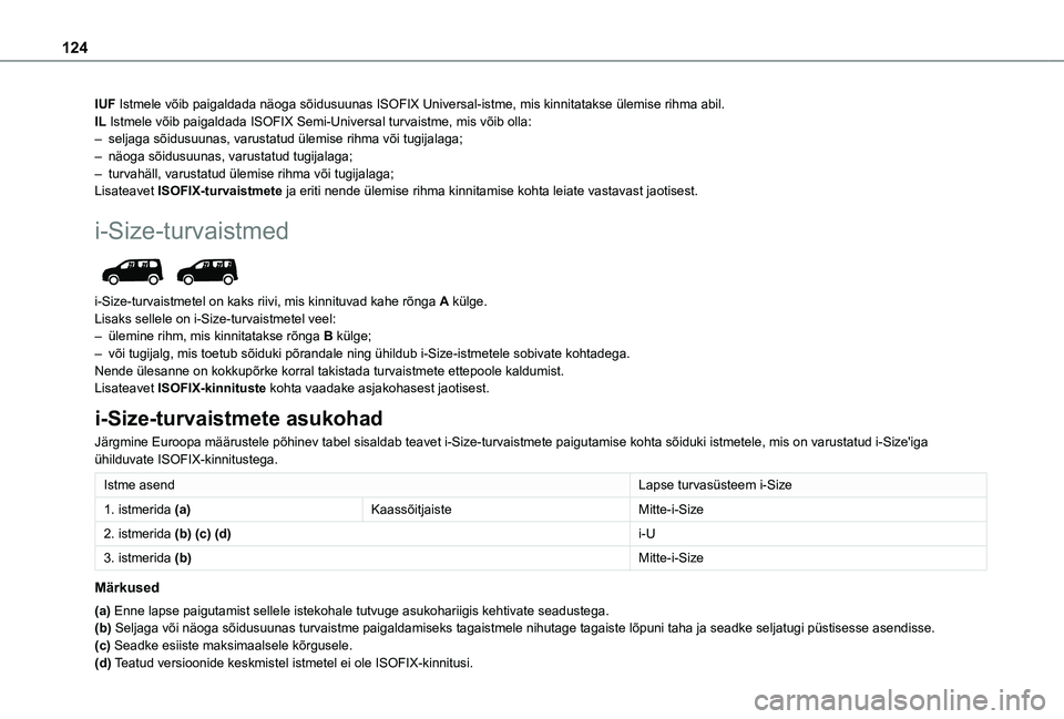 TOYOTA PROACE CITY VERSO EV 2021  Kasutusjuhend (in Estonian) 124
IUF Istmele võib paigaldada näoga sõidusuunas ISOFIX Universal-ist\
me, mis kinnitatakse ülemise rihma abil.IL Istmele võib paigaldada ISOFIX Semi-Universal turvaistme, mis või\
b olla:– s