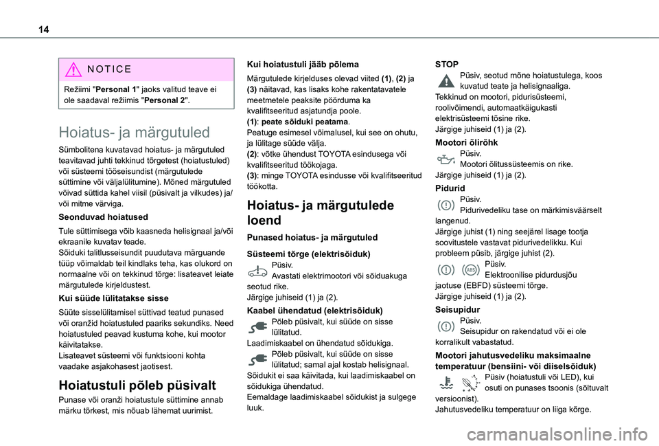TOYOTA PROACE CITY VERSO EV 2021  Kasutusjuhend (in Estonian) 14
NOTIC E
Režiimi "Personal 1" jaoks valitud teave ei ole saadaval režiimis "Personal 2".
Hoiatus- ja märgutuled
Sümbolitena kuvatavad hoiatus- ja märgutuled teavitavad juhti tek