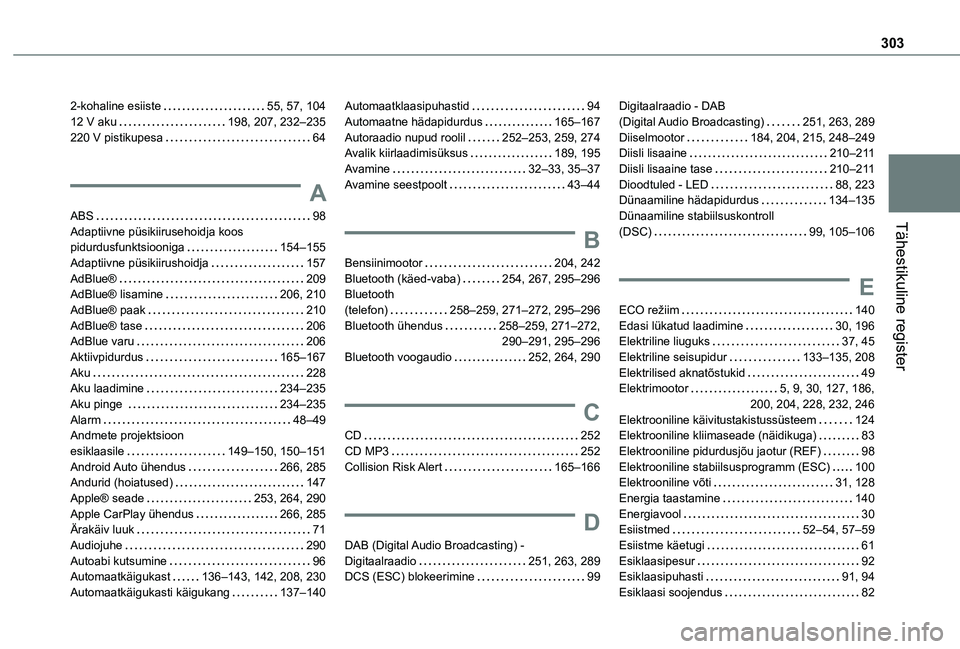 TOYOTA PROACE CITY VERSO EV 2021  Kasutusjuhend (in Estonian) 303
Tähestikuline register
2-kohaline esiiste   55, 57, 10412 V aku   198, 207, 232–235220 V pistikupesa   64
A
ABS   98Adaptiivne püsikiirusehoidja koos pidurdusfunktsiooniga   154–155Adaptiivn