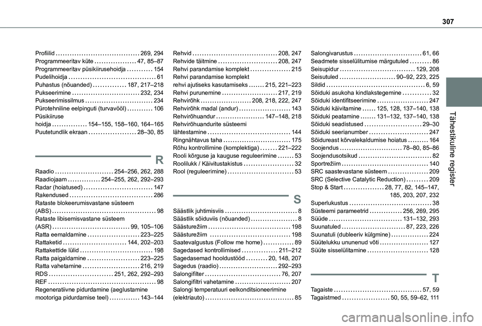 TOYOTA PROACE CITY VERSO EV 2021  Kasutusjuhend (in Estonian) 307
Tähestikuline register
Profiilid   269, 294Programmeeritav küte   47, 85–87Programmeeritav püsikiirusehoidja   154Pudelihoidja   61Puhastus (nõuanded)   187, 217–218Pukseerimine   232, 234
