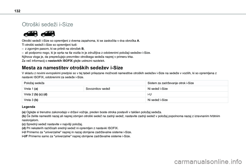 TOYOTA PROACE CITY VERSO EV 2021  Navodila Za Uporabo (in Slovenian) 132
Otroški sedeži i-Size 
 
Otroški sedeži i-Size so opremljeni z dvema zapahoma, ki se zaskočita v dva obročka A.Ti otroški sedeži i-Size so opremljeni tudi:– z zgornjim pasom, ki se pritr