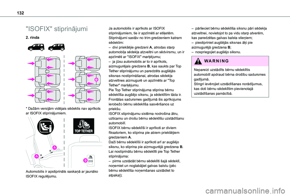 TOYOTA PROACE CITY VERSO EV 2021  Lietošanas Instrukcija (in Latvian) 132
"ISOFIX" stiprinājumi
2. rinda 
  
 
* Dažām versijām vidējais sēdeklis nav aprīkots ar ISOFIX stiprinājumiem. 
 
Automobilis ir apstiprināts saskaņā ar jaunāko ISOFIX regulēj