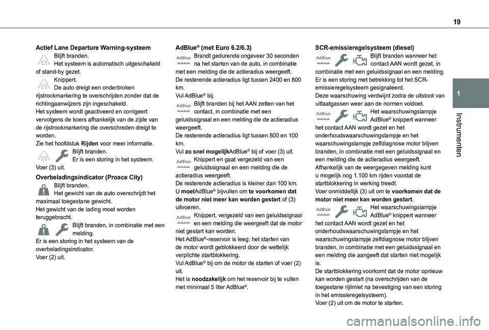TOYOTA PROACE CITY VERSO EV 2021 Instructieboekje (in Dutch) 19
Instrumenten
1
Actief Lane Departure Warning-systeemBlijft branden.Het systeem is automatisch uitgeschakeld of stand-by gezet.Knippert.De auto dreigt een onderbroken rijstrookmarkering te overschri TOYOTA PROACE CITY VERSO EV 2021 Instructieboekje (in Dutch) 19
Instrumenten
1
Actief Lane Departure Warning-systeemBlijft branden.Het systeem is automatisch uitgeschakeld of stand-by gezet.Knippert.De auto dreigt een onderbroken rijstrookmarkering te overschri