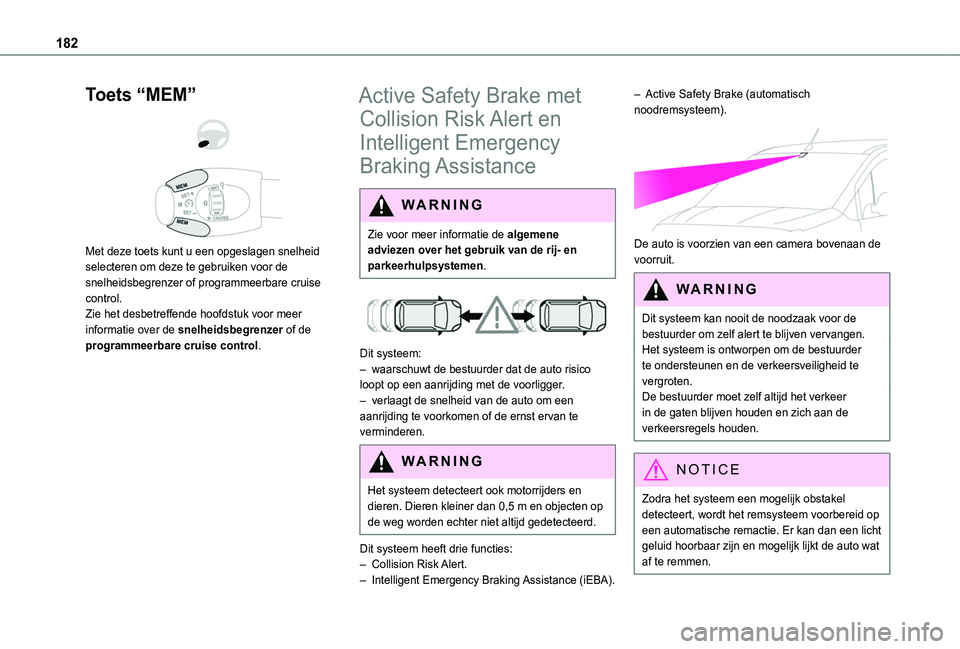 TOYOTA PROACE CITY VERSO EV 2021 Instructieboekje (in Dutch) 182
Toets “MEM”
Met deze toets kunt u een opgeslagen snelheid selecteren om deze te gebruiken voor de snelheidsbegrenzer of programmeerbare cruise control.Zie het desbetreffende hoofdstuk vo TOYOTA PROACE CITY VERSO EV 2021 Instructieboekje (in Dutch) 182
Toets “MEM”
Met deze toets kunt u een opgeslagen snelheid selecteren om deze te gebruiken voor de snelheidsbegrenzer of programmeerbare cruise control.Zie het desbetreffende hoofdstuk vo
