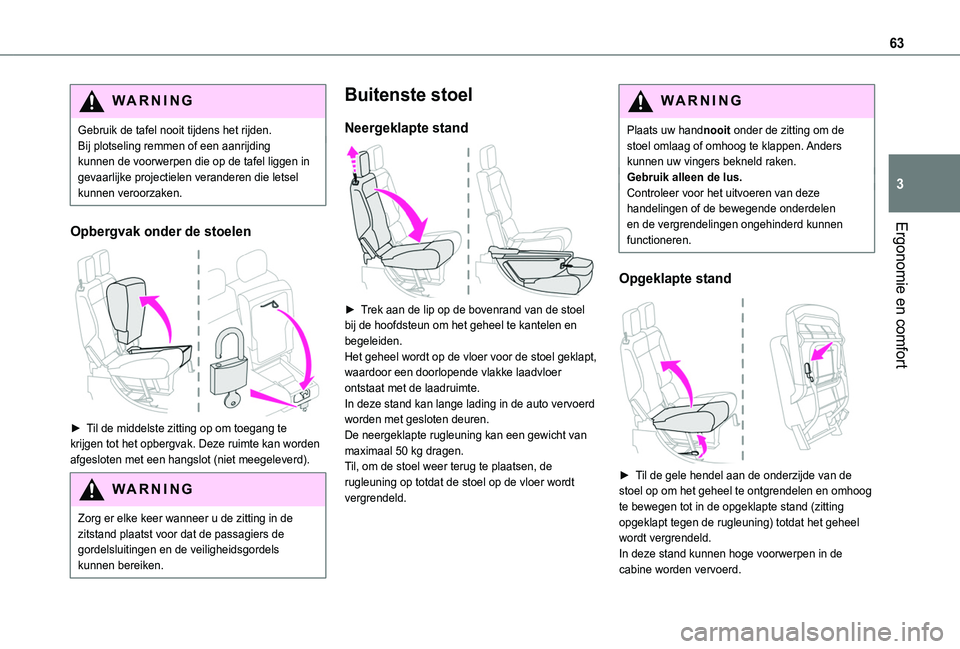 TOYOTA PROACE CITY VERSO EV 2021 Instructieboekje (in Dutch) 63
Ergonomie en comfort
3
WARNI NG
Gebruik de tafel nooit tijdens het rijden.Bij plotseling remmen of een aanrijding kunnen de voorwerpen die op de tafel liggen in gevaarlijke projectielen veranderen TOYOTA PROACE CITY VERSO EV 2021 Instructieboekje (in Dutch) 63
Ergonomie en comfort
3
WARNI NG
Gebruik de tafel nooit tijdens het rijden.Bij plotseling remmen of een aanrijding kunnen de voorwerpen die op de tafel liggen in gevaarlijke projectielen veranderen