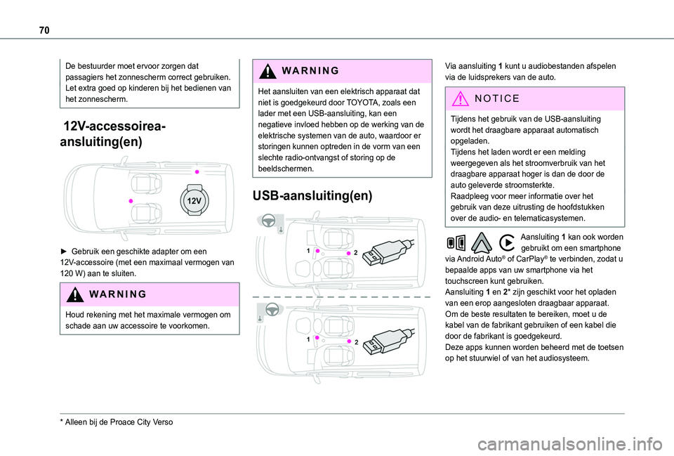 TOYOTA PROACE CITY VERSO EV 2021 Instructieboekje (in Dutch) 70
De bestuurder moet ervoor zorgen dat passagiers het zonnescherm correct gebruiken.Let extra goed op kinderen bij het bedienen van het zonnescherm.
12V-accessoirea-
ansluiting(en)
► Gebruik ee TOYOTA PROACE CITY VERSO EV 2021 Instructieboekje (in Dutch) 70
De bestuurder moet ervoor zorgen dat passagiers het zonnescherm correct gebruiken.Let extra goed op kinderen bij het bedienen van het zonnescherm.
12V-accessoirea-
ansluiting(en)
► Gebruik ee