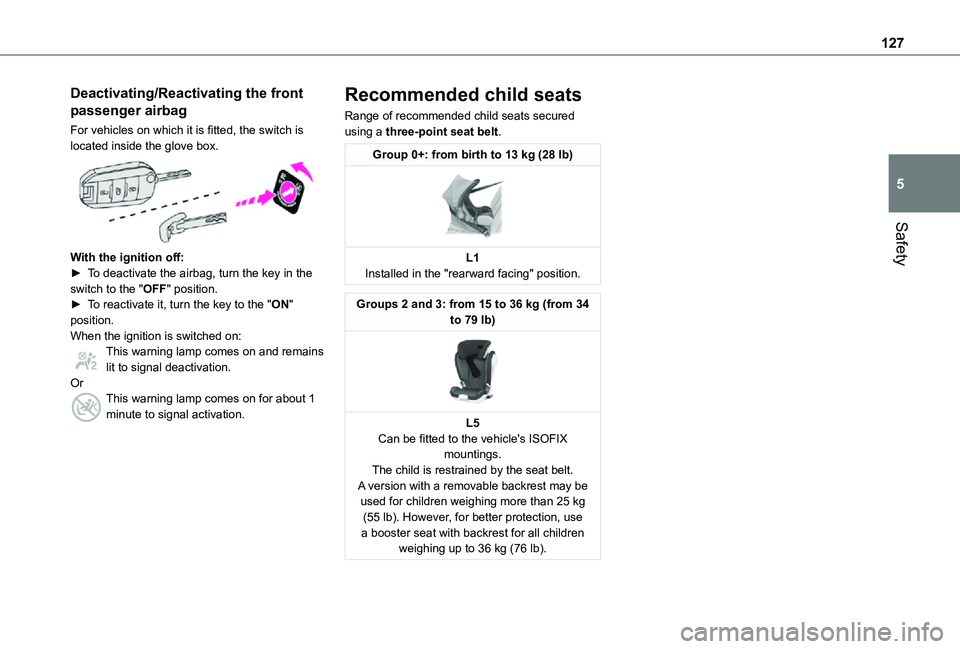 TOYOTA PROACE EV 2021 Owners Manual 127
Safety
5
Deactivating/Reactivating the front
passenger airbag
For vehicles on which it is fitted, the switch is located inside the glove box.
With the ignition off:► To deactivate the airbag TOYOTA PROACE EV 2021 Owners Manual 127
Safety
5
Deactivating/Reactivating the front
passenger airbag
For vehicles on which it is fitted, the switch is located inside the glove box.
With the ignition off:► To deactivate the airbag