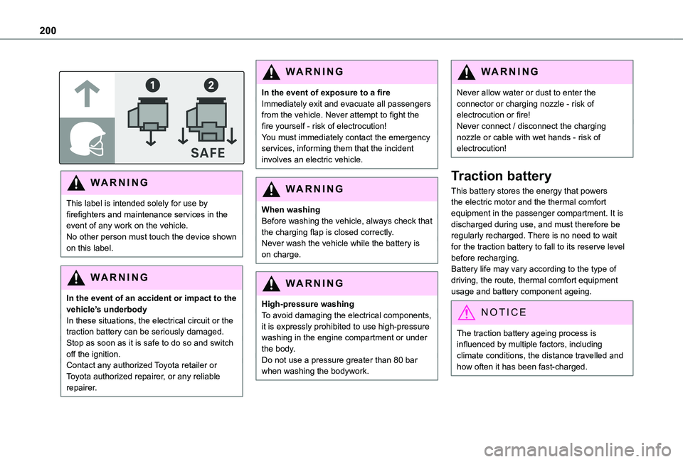 TOYOTA PROACE EV 2021  Owners Manual 200
 
 
WARNI NG
This label is intended solely for use by firefighters and maintenance services in the event of any work on the vehicle.No other person must touch the device shown on this label.
WARNI