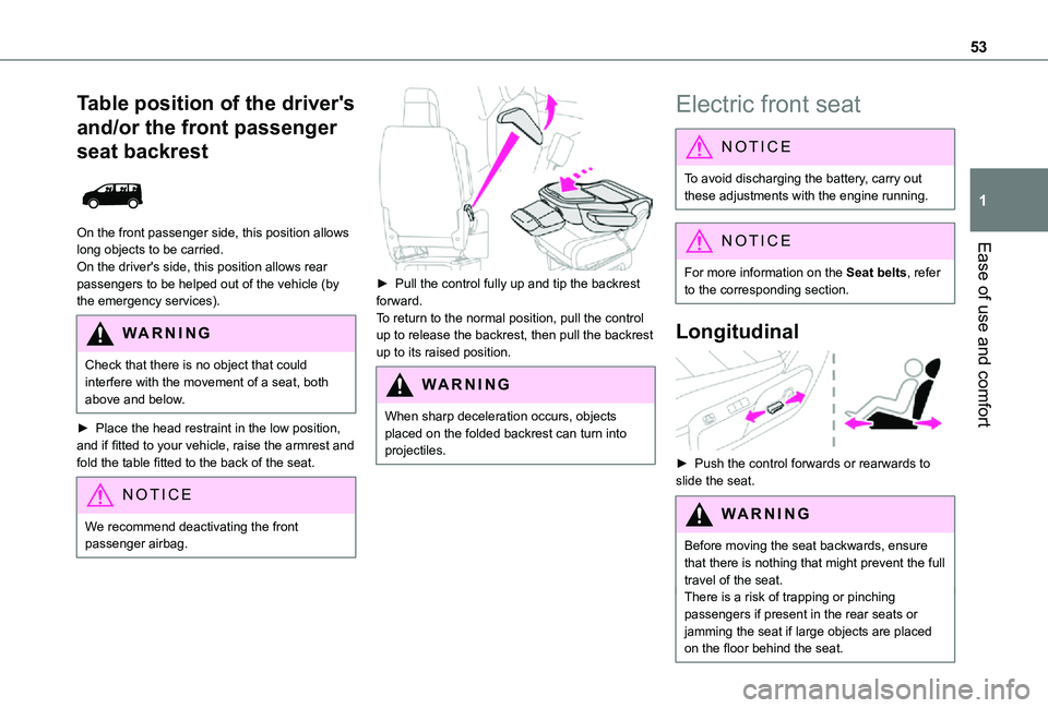 TOYOTA PROACE EV 2021 Owners Manual 53
Ease of use and comfort
1
Table position of the driver's
and/or the front passenger
seat backrest
On the front passenger side, this position allows long objects to be carried.On the driver TOYOTA PROACE EV 2021 Owners Manual 53
Ease of use and comfort
1
Table position of the driver's
and/or the front passenger
seat backrest
On the front passenger side, this position allows long objects to be carried.On the driver