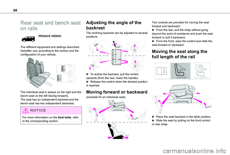 TOYOTA PROACE EV 2021 Owners Manual 68
Rear seat and bench seat
on rails
PROACE VERSO
The different equipment and settings described hereafter vary according to the version and the configuration of your vehicle.
The individual seat TOYOTA PROACE EV 2021 Owners Manual 68
Rear seat and bench seat
on rails
PROACE VERSO
The different equipment and settings described hereafter vary according to the version and the configuration of your vehicle.
The individual seat