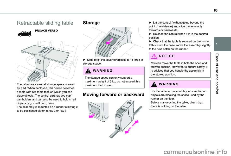 TOYOTA PROACE EV 2021 Owners Manual 83
Ease of use and comfort
1
Retractable sliding table
PROACE VERSO
The table has a central storage space covered by a lid. When deployed, this device becomes a table with two table tops on which TOYOTA PROACE EV 2021 Owners Manual 83
Ease of use and comfort
1
Retractable sliding table
PROACE VERSO
The table has a central storage space covered by a lid. When deployed, this device becomes a table with two table tops on which