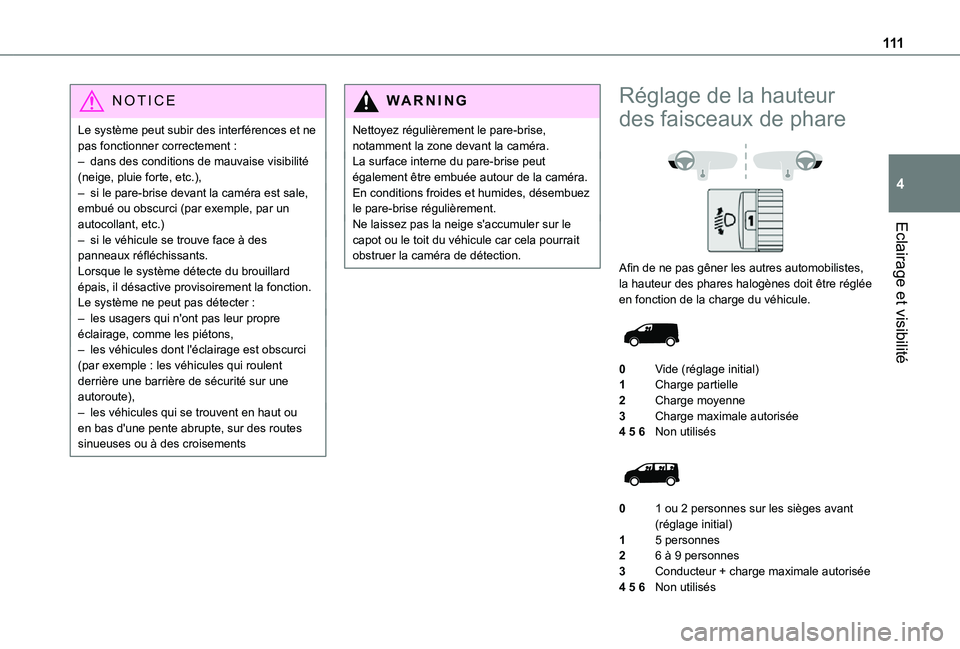 TOYOTA PROACE EV 2021  Notices Demploi (in French) 111
Eclairage et visibilité
4
NOTIC E
Le système peut subir des interférences et ne pas fonctionner correctement :– dans des conditions de mauvaise visibilité (neige, pluie forte, etc.),– si l