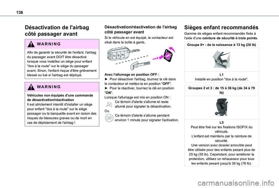 TOYOTA PROACE EV 2021  Notices Demploi (in French) 136
Désactivation de l'airbag 
côté passager avant
WARNI NG
Afin de garantir la sécurité de l'enfant, l'airbag du passager avant DOIT être désactivé lorsque vous installez un sièg