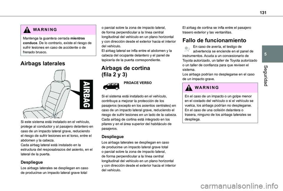 TOYOTA PROACE EV 2021 Manuale de Empleo (in Spanish) 131
Seguridad
5
WARNI NG
Mantenga la guantera cerrada mientras conduce. De lo contrario, existe el riesgo de sufrir lesiones en caso de accidente o de frenado brusco.
Airbags laterales
Si este sist TOYOTA PROACE EV 2021 Manuale de Empleo (in Spanish) 131
Seguridad
5
WARNI NG
Mantenga la guantera cerrada mientras conduce. De lo contrario, existe el riesgo de sufrir lesiones en caso de accidente o de frenado brusco.
Airbags laterales
Si este sist