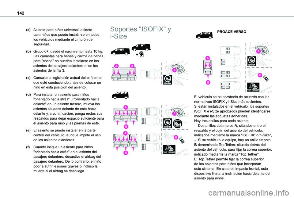 TOYOTA PROACE EV 2021 Manuale de Empleo (in Spanish) 142
(a)Asiento para niños universal: asiento para niños que puede instalarse en todos los vehículos mediante el cinturón de seguridad.
(b)Grupo 0+: desde el nacimiento hasta 10 kg. Las canastas pa TOYOTA PROACE EV 2021 Manuale de Empleo (in Spanish) 142
(a)Asiento para niños universal: asiento para niños que puede instalarse en todos los vehículos mediante el cinturón de seguridad.
(b)Grupo 0+: desde el nacimiento hasta 10 kg. Las canastas pa