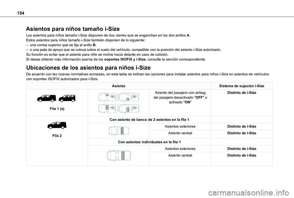 TOYOTA PROACE EV 2021 Manuale de Empleo (in Spanish) 154
Asientos para niños tamaño i-Size
Los asientos para niños tamaño i-Size disponen de dos cierres que \
se enganchan en los dos anillos A.Estos asientos para niños tamaño i-Size también dispo TOYOTA PROACE EV 2021 Manuale de Empleo (in Spanish) 154
Asientos para niños tamaño i-Size
Los asientos para niños tamaño i-Size disponen de dos cierres que \
se enganchan en los dos anillos A.Estos asientos para niños tamaño i-Size también dispo