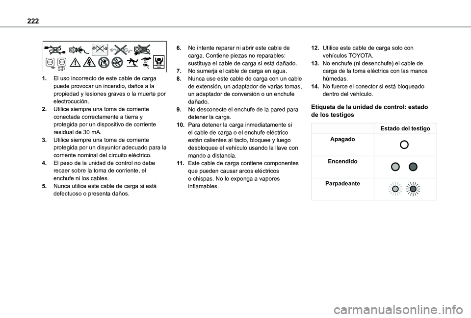 TOYOTA PROACE EV 2021 Manuale de Empleo (in Spanish) 222
1.El uso incorrecto de este cable de carga puede provocar un incendio, daños a la propiedad y lesiones graves o la muerte por electrocución.
2.Utilice siempre una toma de corriente conectada cor TOYOTA PROACE EV 2021 Manuale de Empleo (in Spanish) 222
1.El uso incorrecto de este cable de carga puede provocar un incendio, daños a la propiedad y lesiones graves o la muerte por electrocución.
2.Utilice siempre una toma de corriente conectada cor